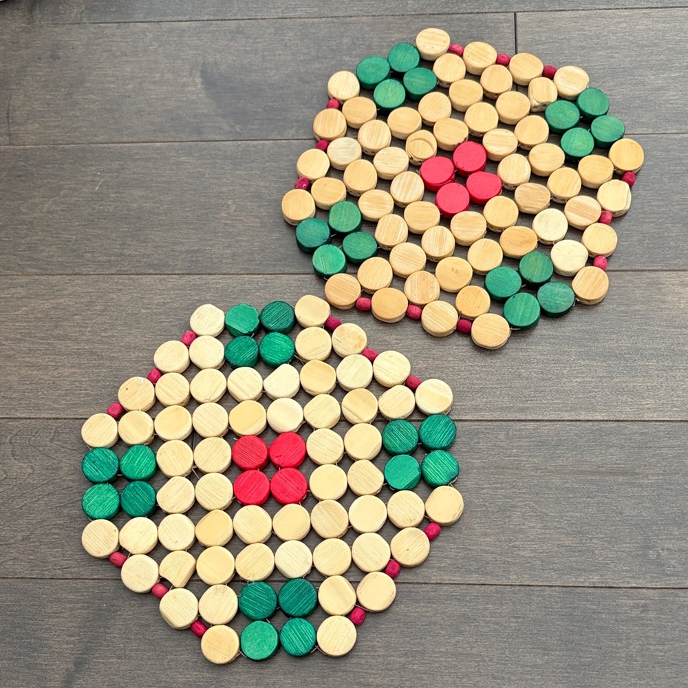 Vintage Bamboo Trivets, Colorful Wooden Coaster Potholder, Kitchen Decor Antique